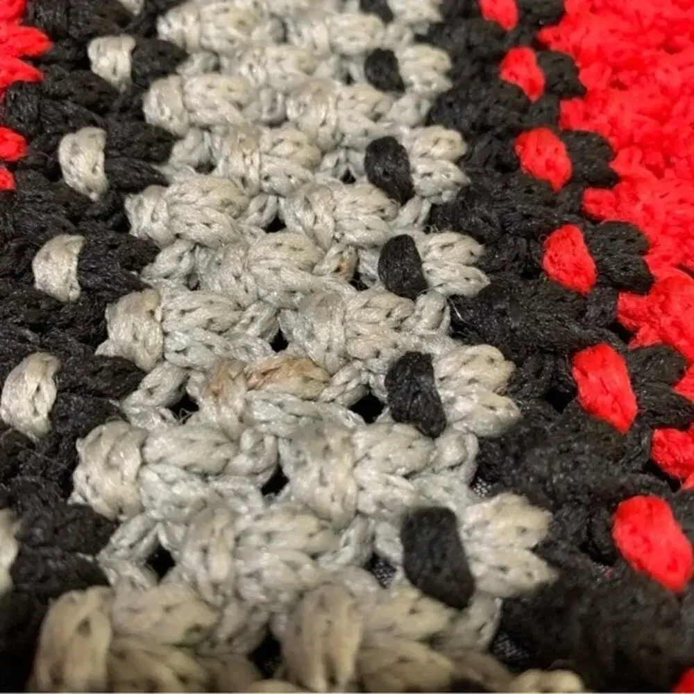 Crochet Red Black Gray Purse Handbag with Dark Wood Embellishments. Handmade